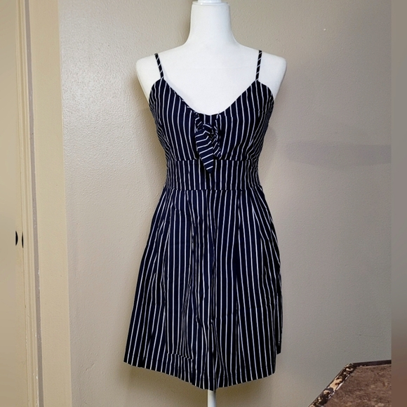 Purple Snow Mini Dress Smocked Blue White Striped Front Tie Sundress Sz M - Picture 1 of 12